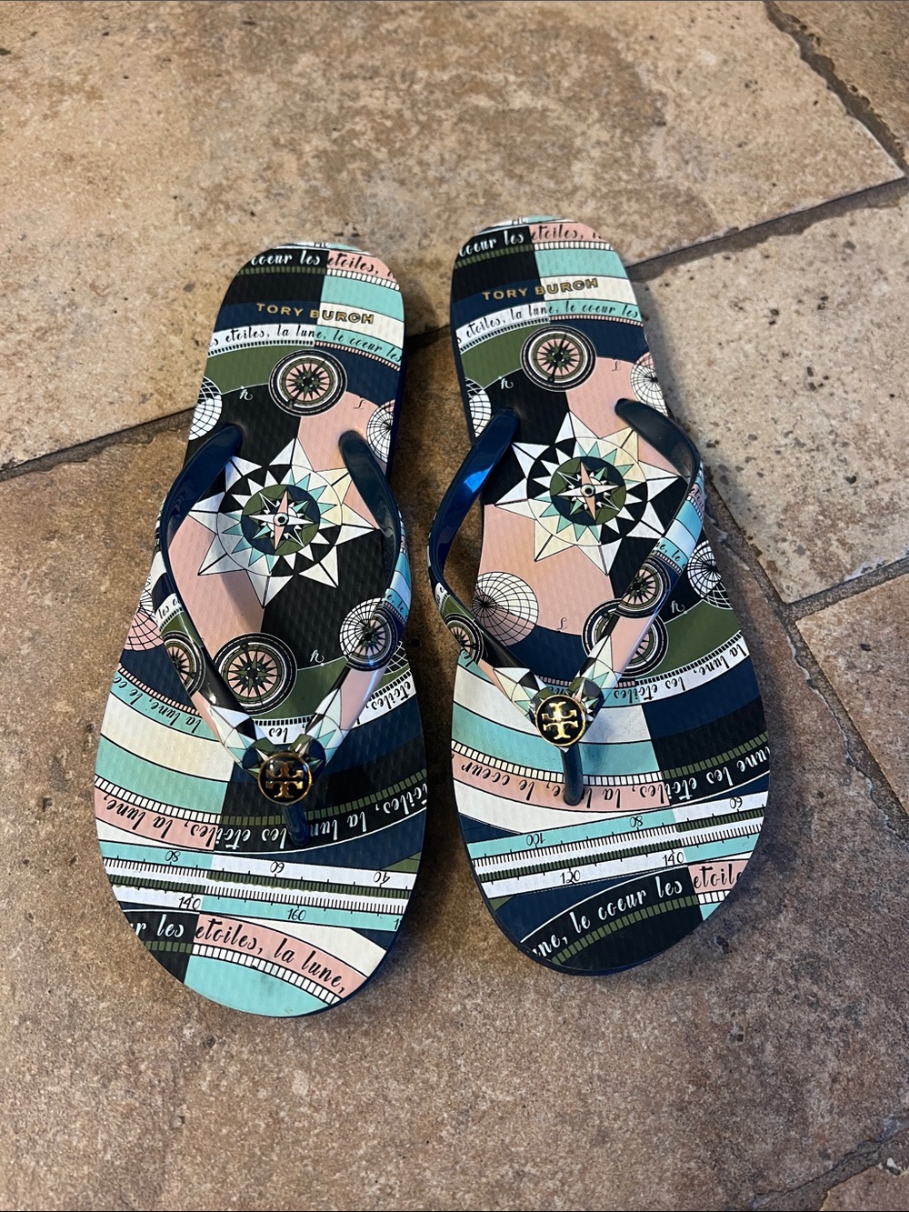 Tory Burch Navy, Pink & Mint Geometric Logo Flip Flops
